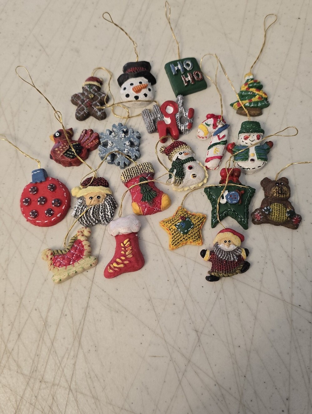 Lot of 19 Miniature Resin Christmas Ornaments Cardinal Santa Snowman Stocking